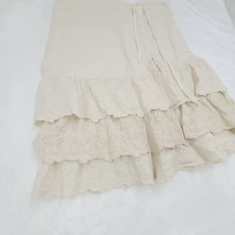 Vintage Eyelet Cotton Skirt Italy 42 Cream Lace Cottagecore Romantic Boho - Picture 14 of 16